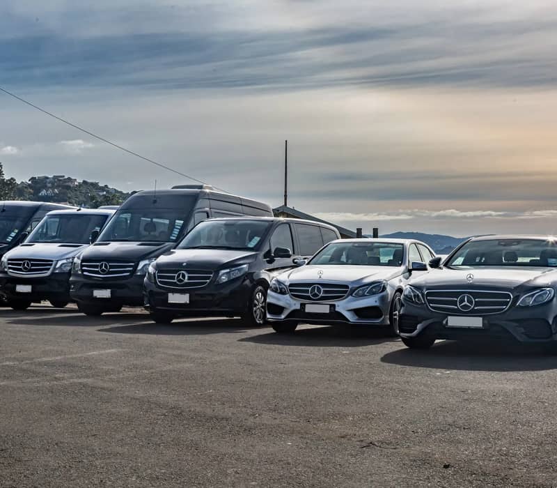 Luxury Mercedes-Benz cars and minivans parked in a row by the waterfront at sunset. Credit: In Style Executive Ltd